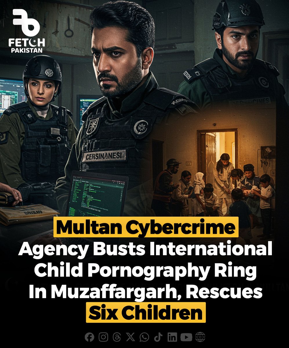 fetchpakistan_'s tweet photo. The National Cybercrime Investigation Agency in Multan has busted an international child pornogr@phy ring operating from Muzaffargarh. Several suspects were arrested, and six children were rescued. The gang, led by a foreign national, produced and sold abuse videos international https://t.co/DGgvWyQQzQ
