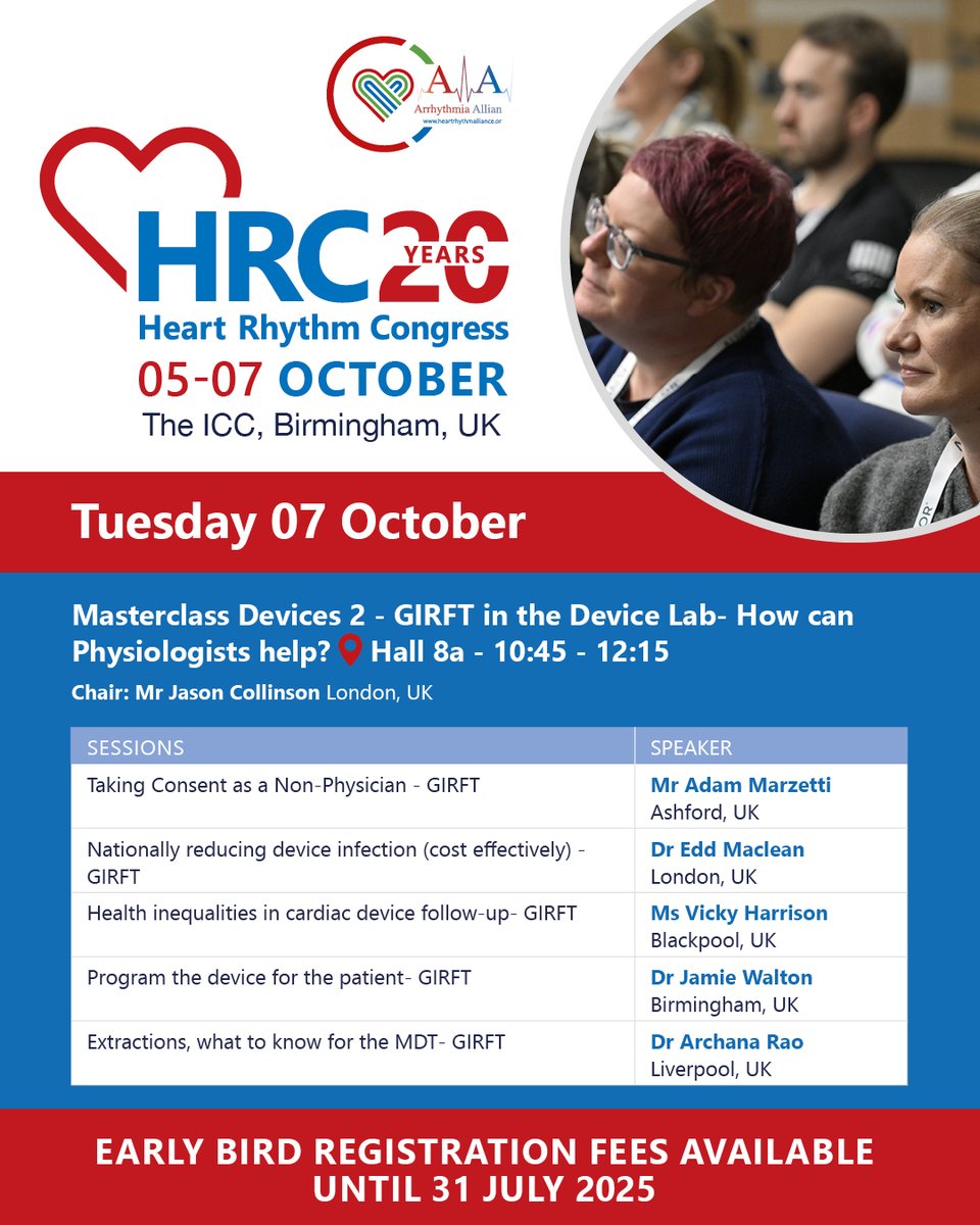 Heart Rhythm Congress (@heartrhythmcong) on Twitter photo Join the experts at this year's Masterclass Devices session taking place at #HRC2025
Covering a range of device-centred topics, including: consent, infection, health inequalities, programming and extractions
heartrhythmcongress.org
<a href="/KnowYourPulse/">Arrhythmia Alliance</a> <a href="/AtrialFibUK/">AF Association</a> <a href="/TrudieLobban/">trudie</a> Join the experts at this year's Masterclass Devices session taking place at #HRC2025
Covering a range of device-centred topics, including: consent, infection, health inequalities, programming and extractions
heartrhythmcongress.org
<a href="/KnowYourPulse/">Arrhythmia Alliance</a> <a href="/AtrialFibUK/">AF Association</a> <a href="/TrudieLobban/">trudie</a>