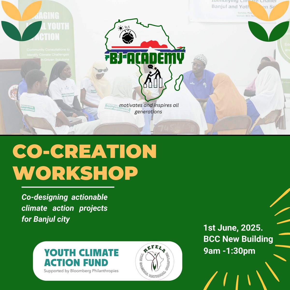 BJ Academy🇬🇲 (@bj_academy1) on Twitter photo 🌍 Youth of Banjul!
Join us for the Co-Creation Workshop on June 1st 🗓️
📍 BCC New Building | 🕘 9am–1:30pm
Let’s co-design climate action projects that matter! 💡🌿
<a href="/BloombergDotOrg/">Bloomberg Philanthropies</a>
<a href="/LoweMayor/">Mayor of Banjul Rohey Malick Lowe</a>
#YouthClimateActionFund
#ClimateAction #BanjulYouth #GreenFuture 🌍 Youth of Banjul!
Join us for the Co-Creation Workshop on June 1st 🗓️
📍 BCC New Building | 🕘 9am–1:30pm
Let’s co-design climate action projects that matter! 💡🌿
<a href="/BloombergDotOrg/">Bloomberg Philanthropies</a>
<a href="/LoweMayor/">Mayor of Banjul Rohey Malick Lowe</a>
#YouthClimateActionFund
#ClimateAction #BanjulYouth #GreenFuture
