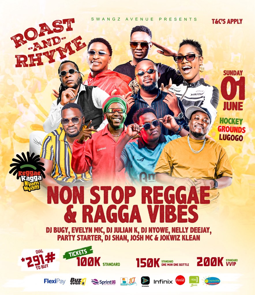CapitalFMUganda's tweet image. Non-stop reggae, nonstop vibes! 🌴🔥
Roast and Rhyme happening this sunday, June 1st at Lugogo Hockey Grounds!
🎶 Reggae Ragga Nyam Nyam edition
Dial *291# to get your ticket! 🎟️

#RoastAndRhyme #ReggaeVibes #SwangzAvenue