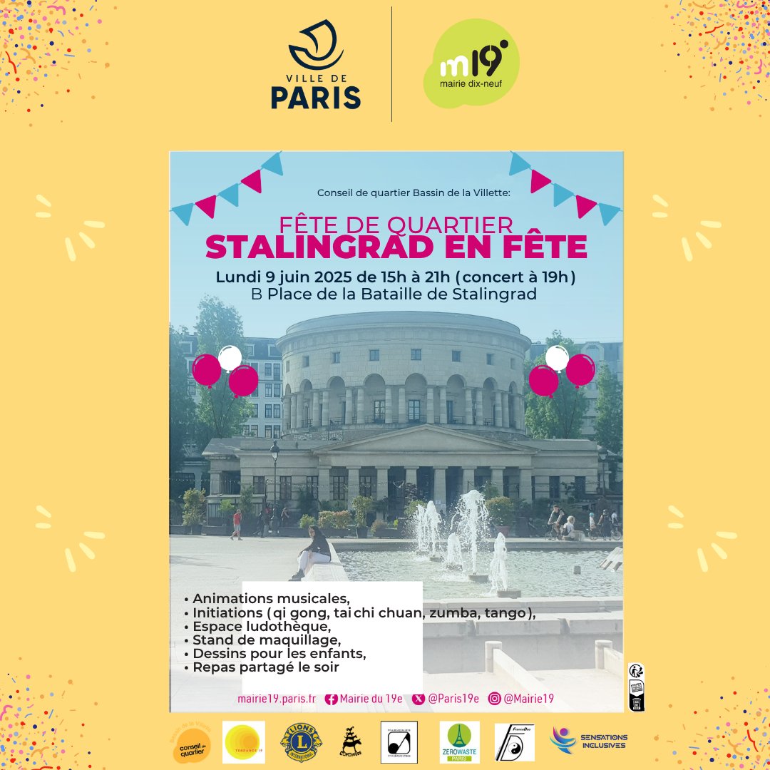 monquartier19's tweet image. SAVE THE DATE 📢
Le conseil de quartier Bassin de la Villette vous donne rendez-vous le lundi 9 juin à la Place de la Bataille de Stalingrad pour sa fête de quartier !
Des activités seront proposées dès 15h par les associations locales partenaires et un concert aura lieu à 19h