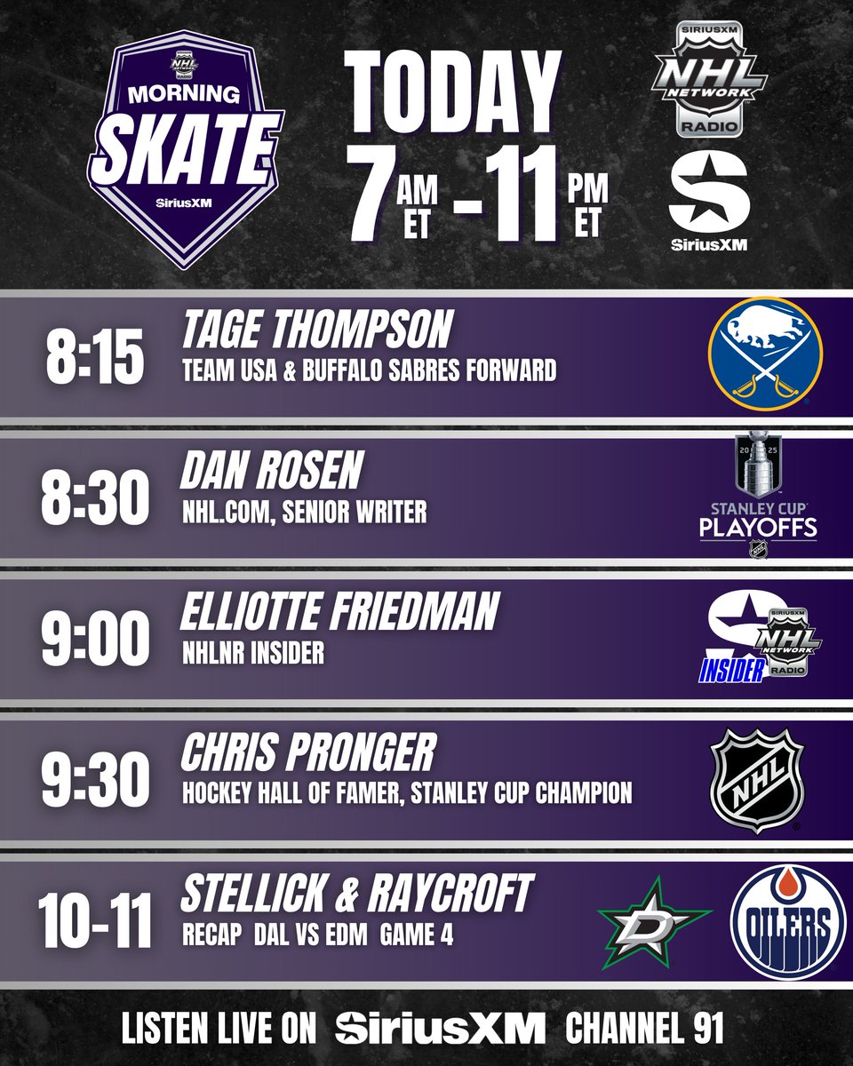 SiriusXM NHL Network Radio (@siriusxmnhl) on Twitter photo NHL Morning Skate is LIVE 7AM-11AM ET!
7-8 Tour Around The NHL with <a href="/LaughlinSXM/">Scott Laughlin</a> &
<a href="/tylermadarasz47/">Tyler Madaraszā¢</a>
8-10 <a href="/LaughlinSXM/">Scott Laughlin</a> & <a href="/GordStellick/">Gord Stellick</a>
10-11 <a href="/GordStellick/">Gord Stellick</a> & <a href="/AndrewRaycroft/">Andrew Raycroft</a>
#StanleyCup
š§SiriusXM.ca/NHLLive/ NHL Morning Skate is LIVE 7AM-11AM ET!
7-8 Tour Around The NHL with <a href="/LaughlinSXM/">Scott Laughlin</a> &
<a href="/tylermadarasz47/">Tyler Madaraszā¢</a>
8-10 <a href="/LaughlinSXM/">Scott Laughlin</a> & <a href="/GordStellick/">Gord Stellick</a>
10-11 <a href="/GordStellick/">Gord Stellick</a> & <a href="/AndrewRaycroft/">Andrew Raycroft</a>
#StanleyCup
š§SiriusXM.ca/NHLLive/