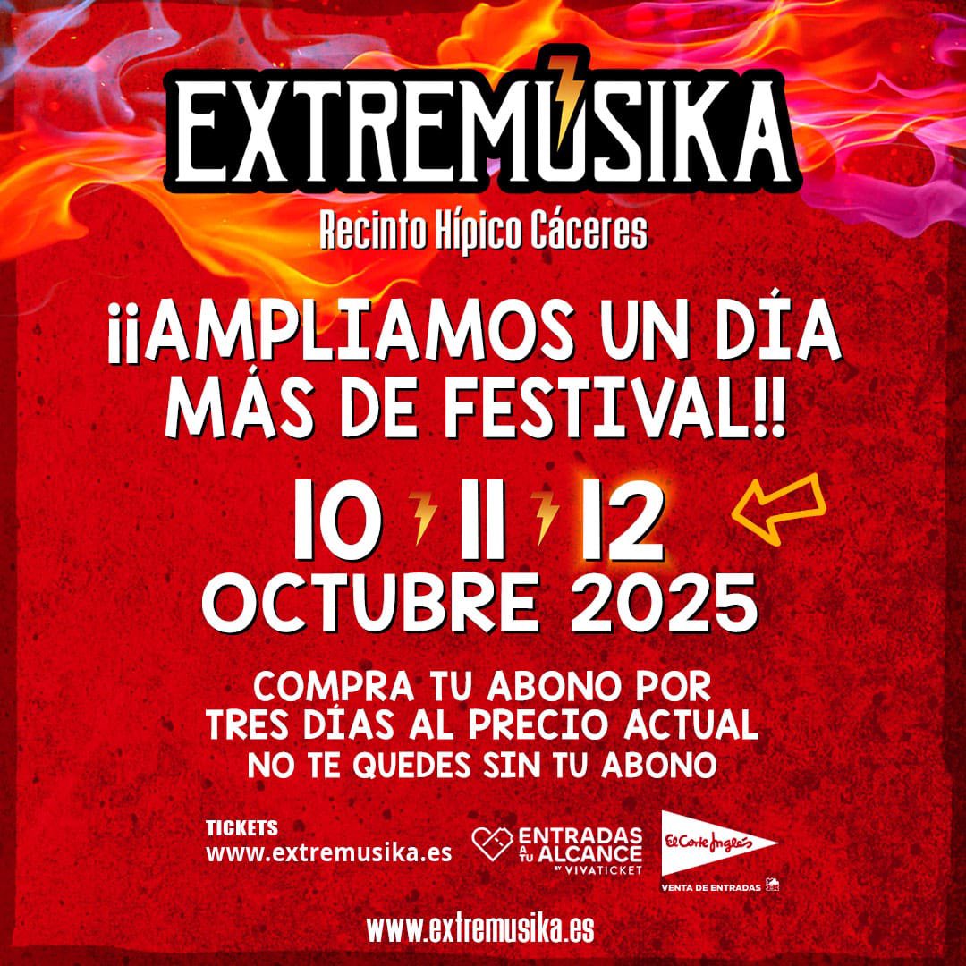 ⚡️ AMPLIAMOS UN DÍA MÁS EXTREMÚSIKA ⚡️

ℹ️ Los abonos comprados hasta hoy son válidos de manera automática para el nuevo día. ¡Recuerda que el lunes 13 es festivo!
ℹ️ La próxima semana se vienen confirmaciones