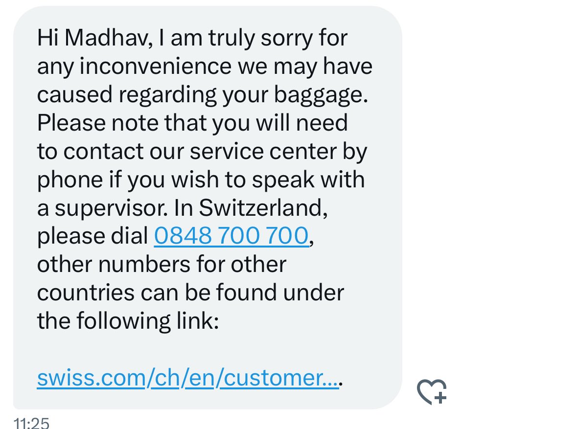 mroykapur's tweet photo. @FlySWISS is the worst ! Their team reached out to me on X and gave me a number for
Me to talk to someone senior about my missing bag . This number is only for ticketing issues and not baggage ! So here I am using international calling to contact the wrong team ! #swissairsucks https://t.co/XrCuIeD7go