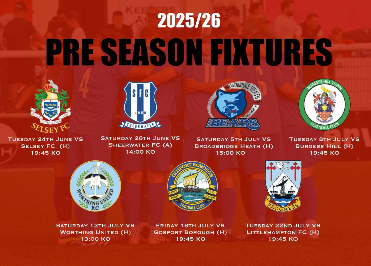 PRE SEASON SORTED and a  🆕 ✍️coming later

<a href="/SelseyFC/">Selsey F.C</a> <a href="/Sheerwaterfc/">Sheerwater FC</a> <a href="/thebearsbbhfc/">BroadbridgeHeath FC</a> <a href="/Official_BHTFC/">Burgess Hill Town FC (P)</a> <a href="/WorthingUtdFC/">Worthing United Football Club</a> <a href="/GosportBFC/">Gosport Borough FC</a> @LitthamptonFC 

A new dawn is coming 👊