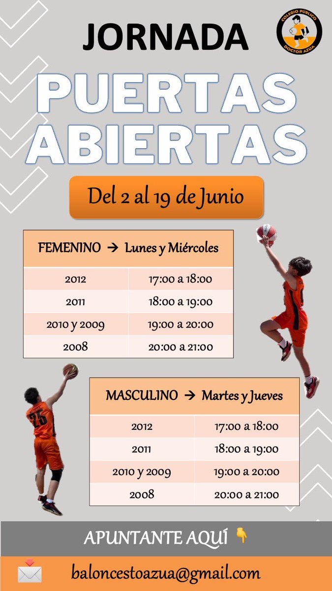 ⛹🏻‍♂️ Jornada de puertas abiertas ⛹️‍♀️

Ven a entrenar y a jugar con nosotros. 
Si vas a venir a conocernos, envíanos un email 📩 a baloncestoazua@gmail.com

Aquí tienes toda la información 👇

#SiempreAzua #SiemprePardo #SiempreWilly