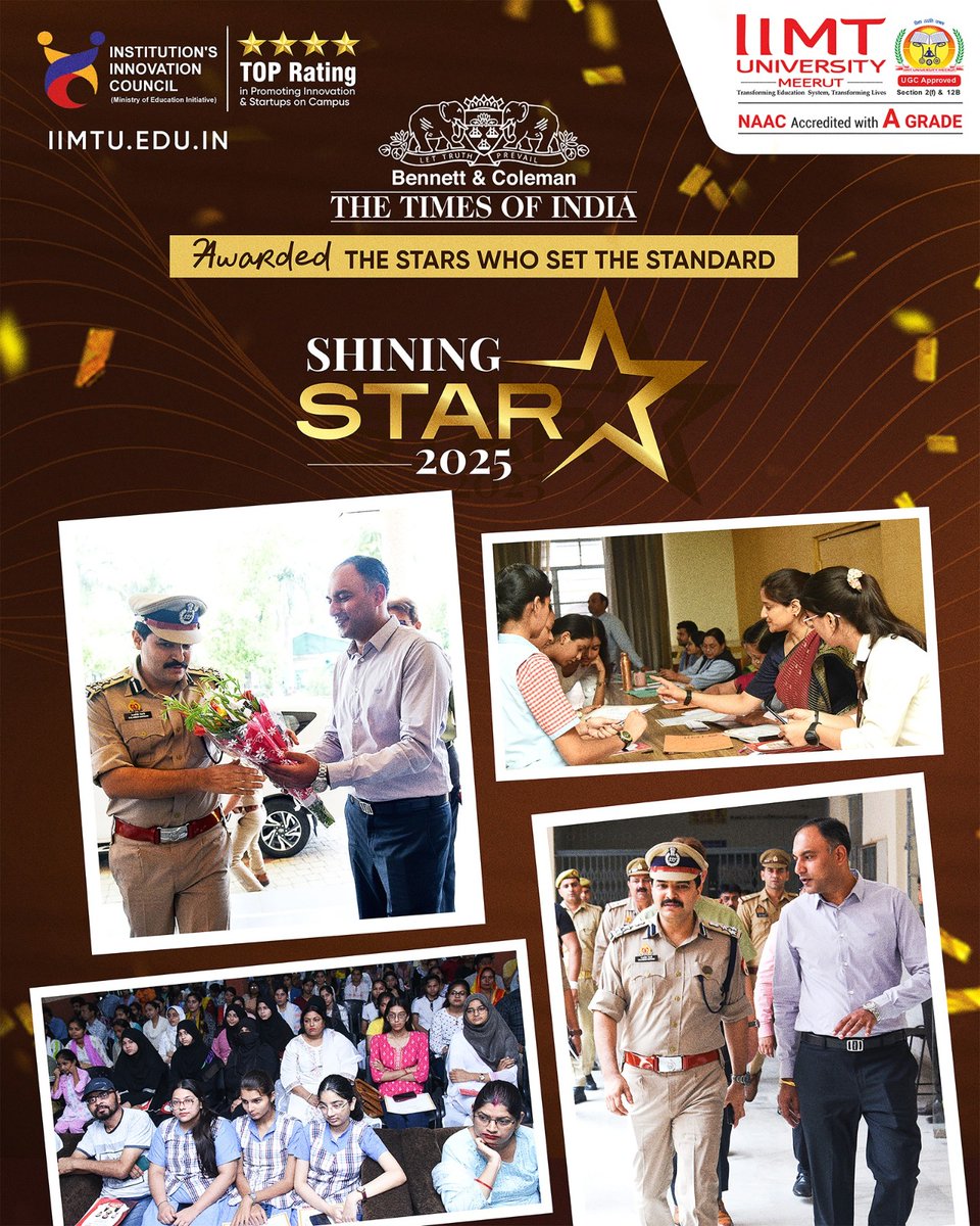 IIMT_U's tweet photo. 🌟IIMT University, in association with The Times of India, hosted #ShiningStar2025 to honour board toppers for their academic brilliance.
Graced by Shri Kalanidhi Naithani (IPS-DIG), the event lit up with young achievers!💫
#IIMTUniversity #IIMTU #Meerut #BoardToppers https://t.co/2fmVHw2cEJ