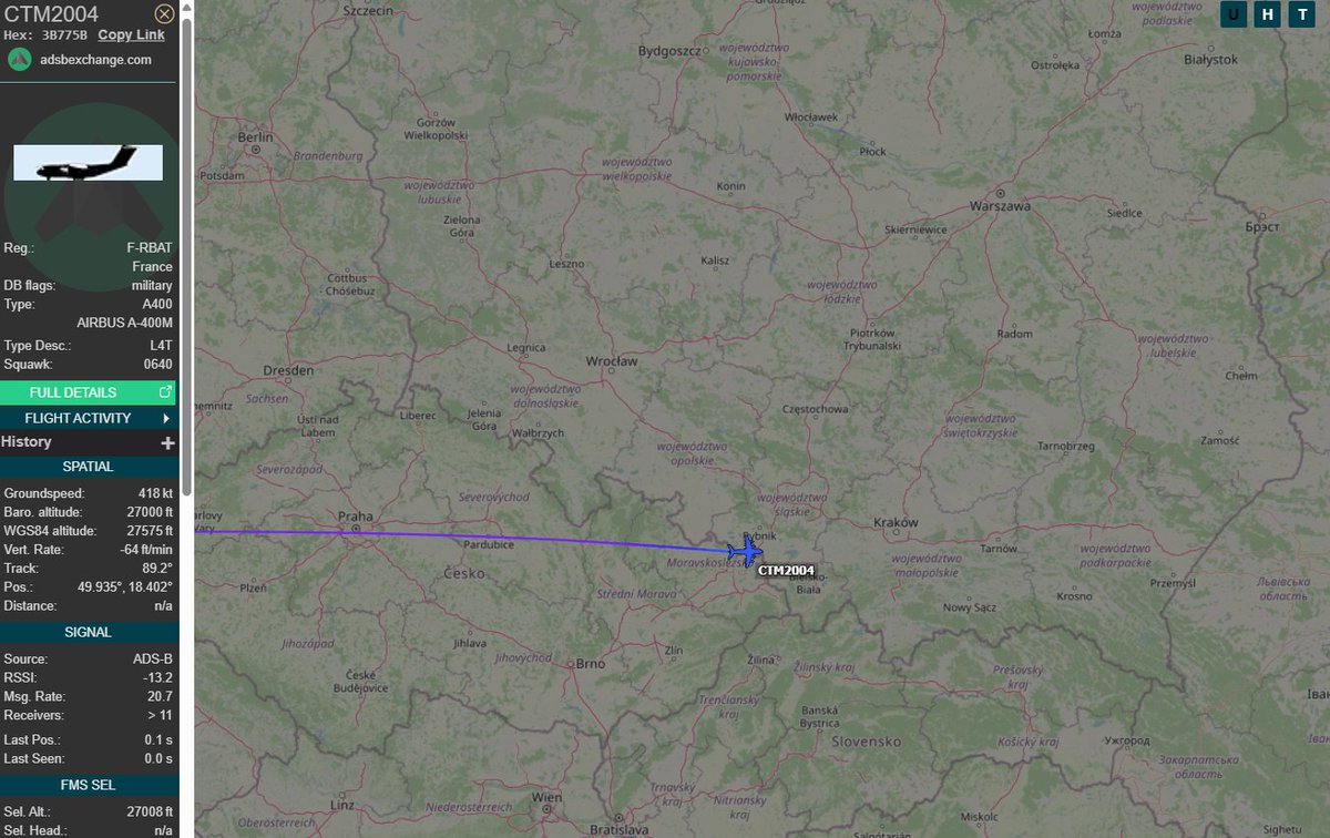 PolishMilRadar's tweet photo. ⌚️28.05.2025 12:18LT
🇫🇷Siły Powietrzne Francji
✈️AIRBUS A-400M "0075"
#CTM2004 zniżanie
🛫Baza Avord #LFOA
🛬Rzeszów #EPRZ
🔗https://t.co/ssACCBGQ9M
#POLMILRADAR https://t.co/kPnlEhbU9k