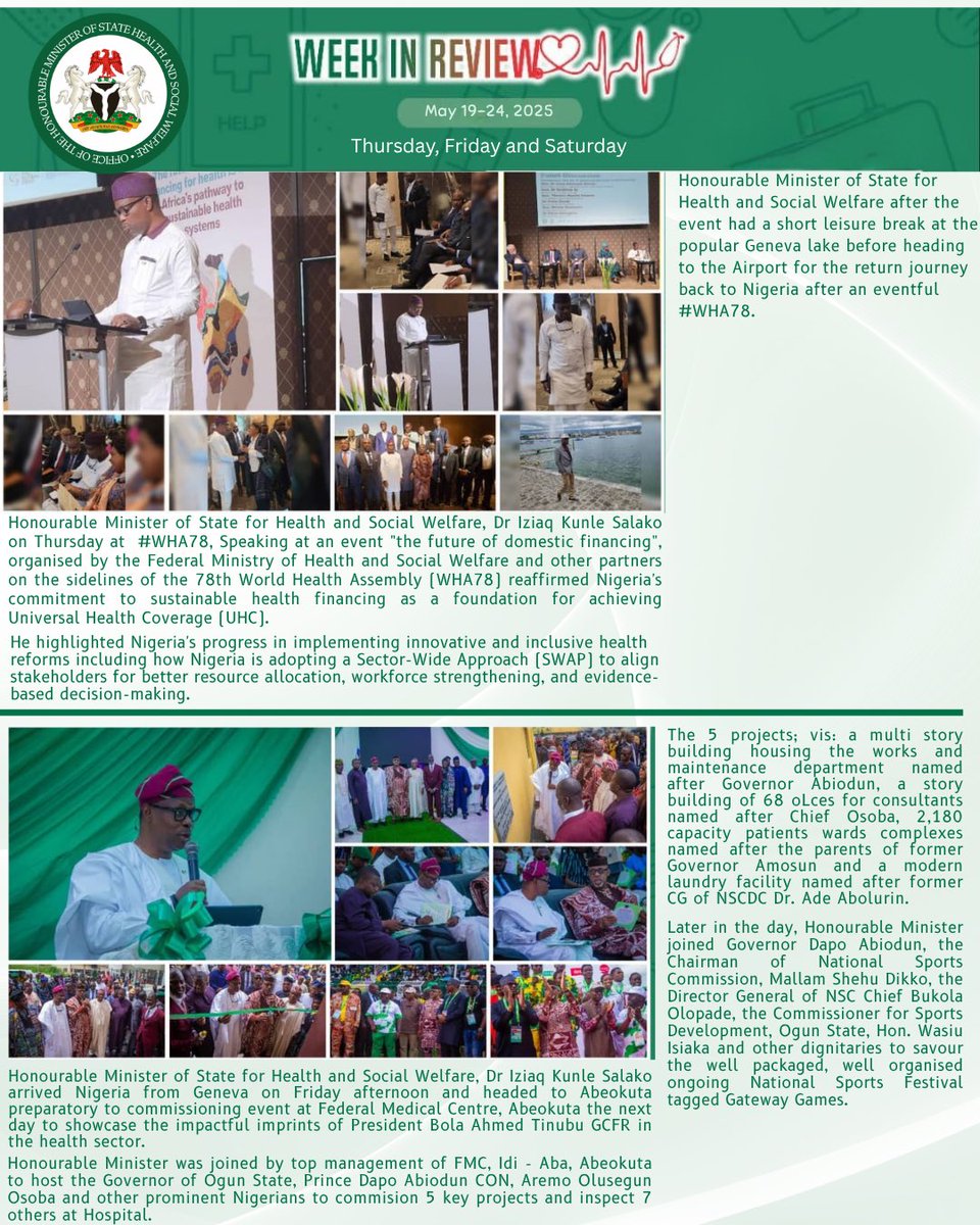 Federal Ministry of Health, NIGERIA (@fmohnigeria) on Twitter photo From Geneva to Abeokuta — it’s been a powerhouse week for our Minister of State for Health and Social Welfare! 💼✈️🩺
<a href="/SalakoIziaq/">Dr Iziaq Adekunle Salako</a>
At the World Health Assembly, he championed Nigeria’s voice in global health reform. Back home, he rolled up his sleeves to commission new From Geneva to Abeokuta — it’s been a powerhouse week for our Minister of State for Health and Social Welfare! 💼✈️🩺
<a href="/SalakoIziaq/">Dr Iziaq Adekunle Salako</a>
At the World Health Assembly, he championed Nigeria’s voice in global health reform. Back home, he rolled up his sleeves to commission new