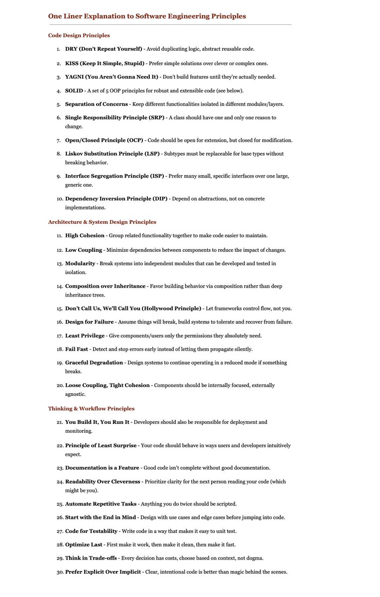 theskilledcoder's tweet image. One Liner Explanation to All Software Engineering Principles