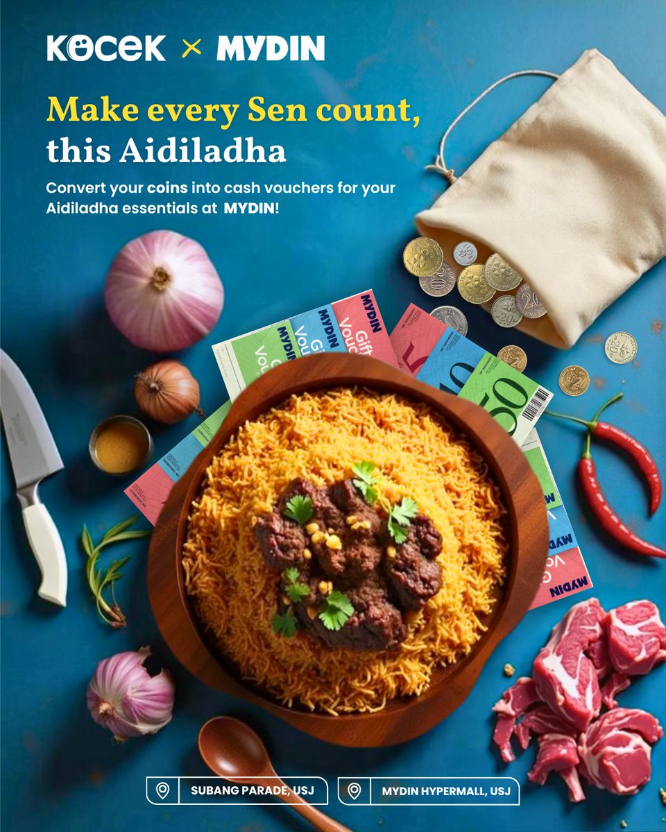 Make every Sen count this Aidiladha 🕌💰

Turn your spare change into MYDIN vouchers with KOCEK &amp; shop your festive needs today!

#KOCEKxMYDIN #CoinToVoucher #Aidiladha2025