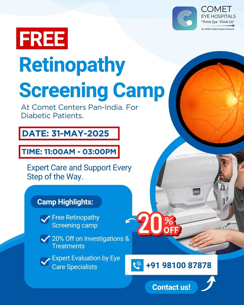 Cometeyecare's tweet photo. Join our FREE Retinopathy Screening Camp at Comet Centers across India. Especially for diabetic patients. Early detection can save sight. Limited slots—book now!
Contact us on: +91 98100 87878
#eyecare #freeeyecamp #vision #eyehealth #eyelove #sightfirst #cometeyehospitals https://t.co/Ipat0m7e0Q