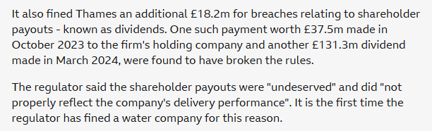 Within 5 months, <a href="/thameswater/">Thames Water 💧</a> paid £168.8m in dividends

They were found to be "undeserved" by <a href="/Ofwat/">Ofwat</a> and fined £18.2m

What about the remaining £150.6m?