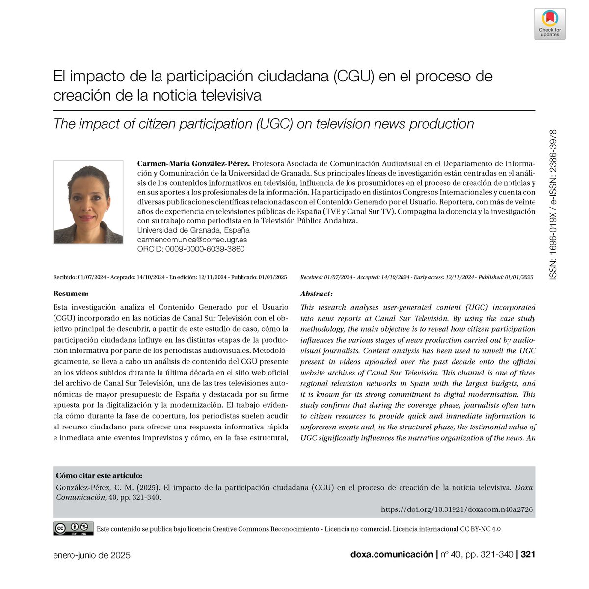 Doxa Comunicación (@doxacom) on Twitter photo El impacto de la participación ciudadana (CGU) en el proceso de creación de la noticia televisiva
👌🏻 Por Carmen-María González-Pérez de la <a href="/CanalUGR/">Universidad Granada</a>
DOI: doi.org/10.31921/doxac…
#Periodismociudadano #CGU #televisiónpública #noticias #smartphones #redessociales #CienciaAbierta El impacto de la participación ciudadana (CGU) en el proceso de creación de la noticia televisiva
👌🏻 Por Carmen-María González-Pérez de la <a href="/CanalUGR/">Universidad Granada</a>
DOI: doi.org/10.31921/doxac…
#Periodismociudadano #CGU #televisiónpública #noticias #smartphones #redessociales #CienciaAbierta