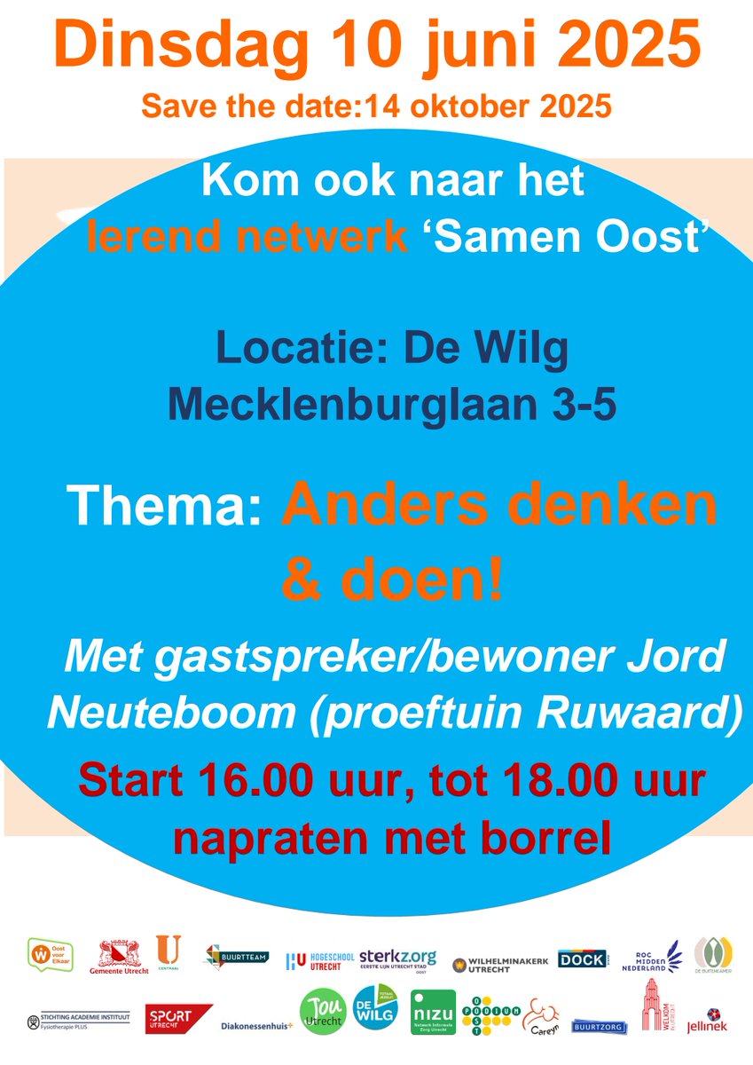 In Oost wordt er steeds meer samengewerkt tussen bewoners en wijkpartners. Bewoner Jord Neuteboom komt 10 juni vertellen over:

1) een gezamenlijke doelstelling
2) een gezamenlijke werkwijze voor complexe situaties
3) een gedeelde leer- en kennisomgeving, en 
4) een wijkbudget