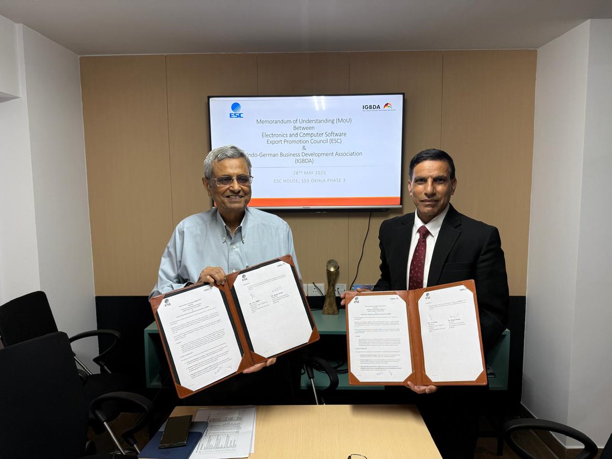 Strengthening Indo-German Tech Collaboration!

We are pleased to announce the signing of a Memorandum of Understanding (MoU) between the Electronics and Computer Software Export Promotion Council (ESC) and the Indo-German Business Development Association (IGBDA).