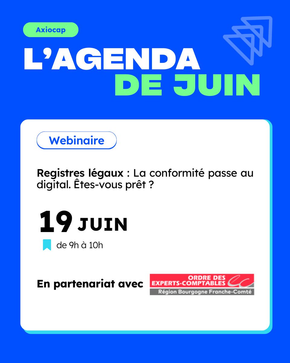 Axiocap (@axiocap_saas) on Twitter photo 📅 Juin s’annonce stratégique pour rester à la page. 4 rendez-vous à ne pas manquer :
🔹 Webinaire <a href="/syndicatECF/">ECF</a> – 3 juin
🔹 Together for Legal – 5 juin
🔹 Webinaire l’Ordre des Experts-Comptables PACA – 17 juin
🔹 Webinaire <a href="/OECBFC/">Experts-Comptables BFC</a> – 19 juin
Inscriptions 👉🏼 ... 📅 Juin s’annonce stratégique pour rester à la page. 4 rendez-vous à ne pas manquer :
🔹 Webinaire <a href="/syndicatECF/">ECF</a> – 3 juin
🔹 Together for Legal – 5 juin
🔹 Webinaire l’Ordre des Experts-Comptables PACA – 17 juin
🔹 Webinaire <a href="/OECBFC/">Experts-Comptables BFC</a> – 19 juin
Inscriptions 👉🏼 ...