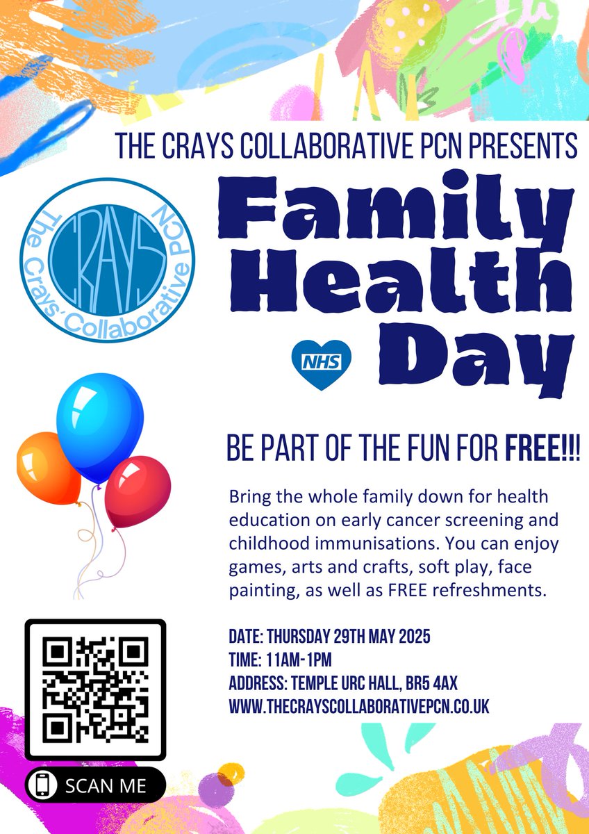 Bring the family along to Temple URC Hall, BR5 4AX from 11am–1pm tomorrow for a free health day packed with fun and information. Learn about early cancer screening and childhood immunisations whilst enjoying games, face painting and free refreshments. Don't miss out!