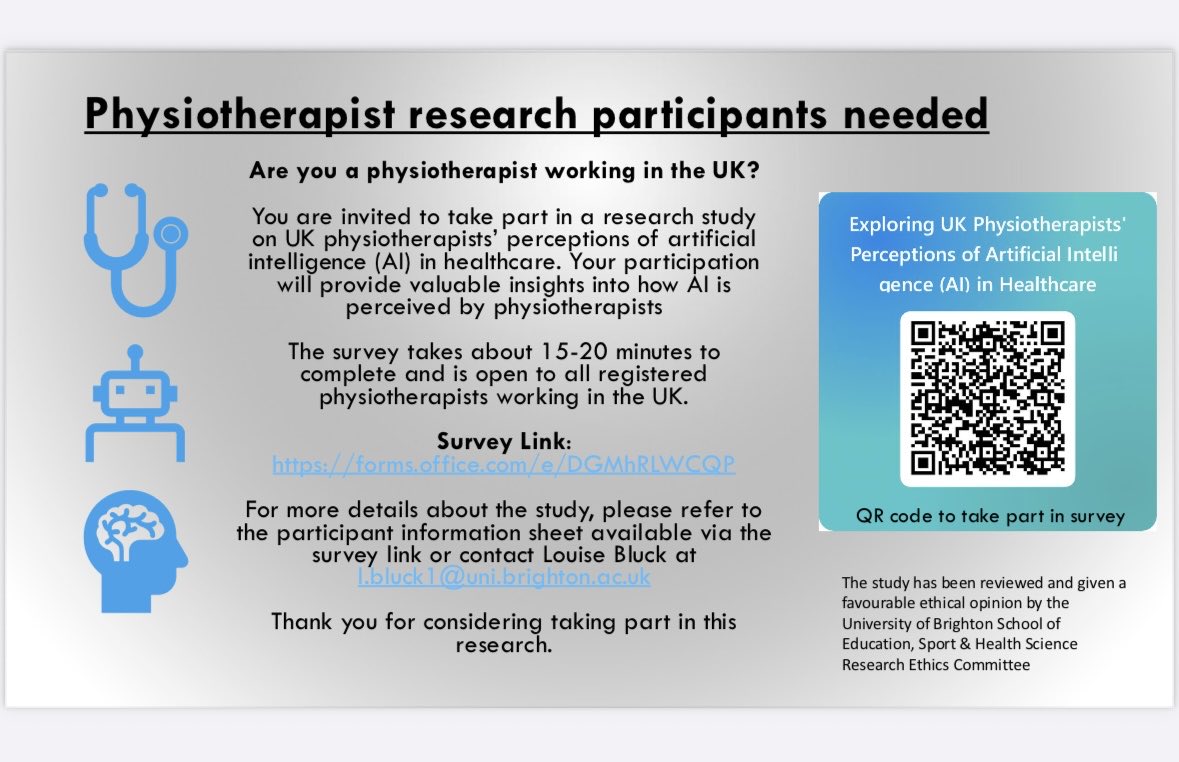 UoB Physiotherapy (@brightphysios) on Twitter photo Can you help? We are looking for volunteers to complete a survey on physiotherapists perceptions of AI in healthcare. The survey will take 15-20 minutes of your time, thanks
<a href="/LouiseBuick/">Louise</a> <a href="/thecsp/">Chartered Society of Physiotherapy (CSP)</a> <a href="/CSPSouthEast/">South East Physio</a> <a href="/CSPsouthwest/">CSP South West</a> <a href="/CSPsouthcentral/">CSPsouthcentral</a> <a href="/PhysioFirstC/">Physio First</a>
forms.office.com/e/DGMhRLWCQP Can you help? We are looking for volunteers to complete a survey on physiotherapists perceptions of AI in healthcare. The survey will take 15-20 minutes of your time, thanks
<a href="/LouiseBuick/">Louise</a> <a href="/thecsp/">Chartered Society of Physiotherapy (CSP)</a> <a href="/CSPSouthEast/">South East Physio</a> <a href="/CSPsouthwest/">CSP South West</a> <a href="/CSPsouthcentral/">CSPsouthcentral</a> <a href="/PhysioFirstC/">Physio First</a>
forms.office.com/e/DGMhRLWCQP