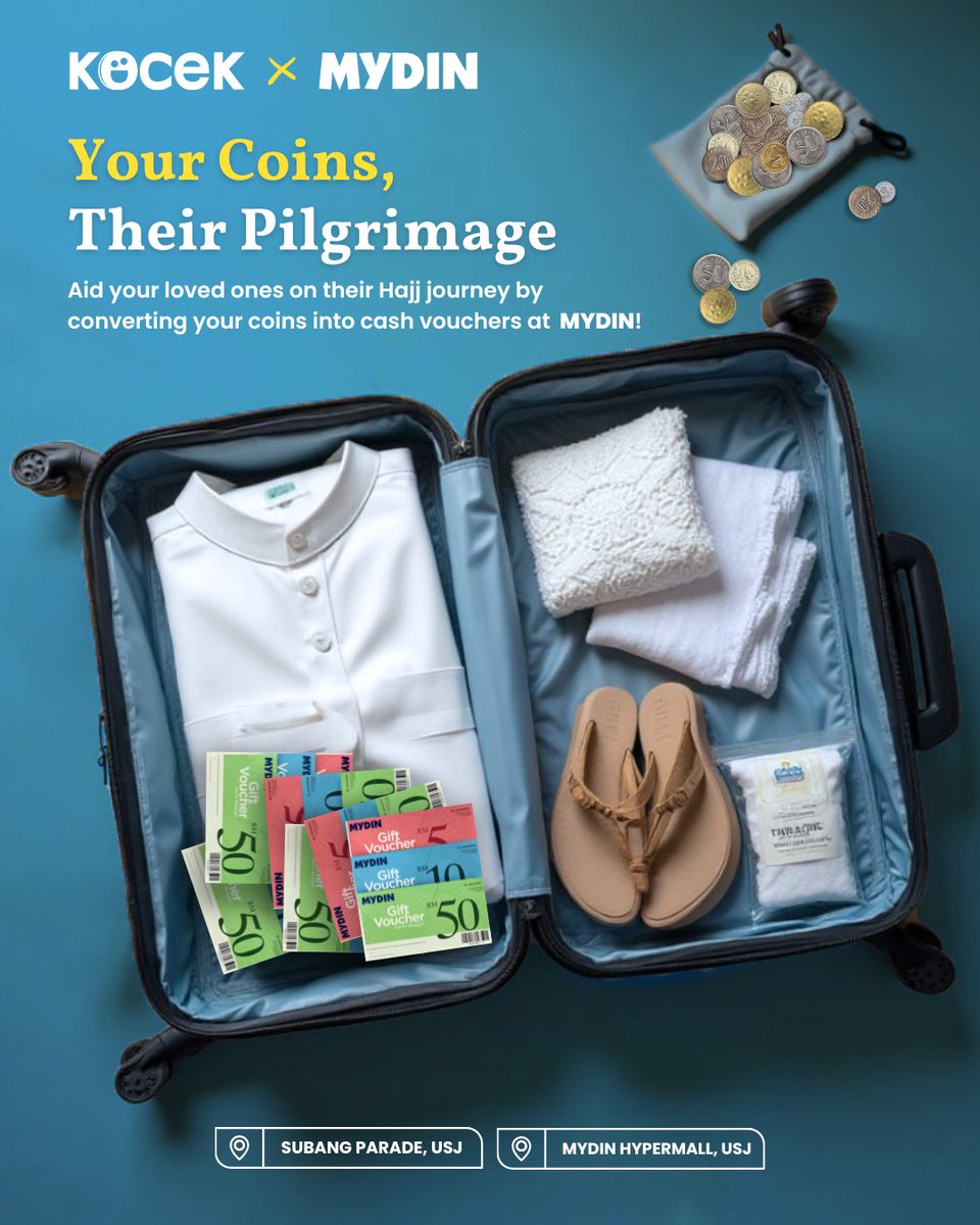 Your coins, their sacred journey 🕋

Convert them into MYDIN vouchers with KOCEK for meaningful Hajj gifts.

#KOCEKxMYDIN #CoinToVoucher #Aidiladha2025