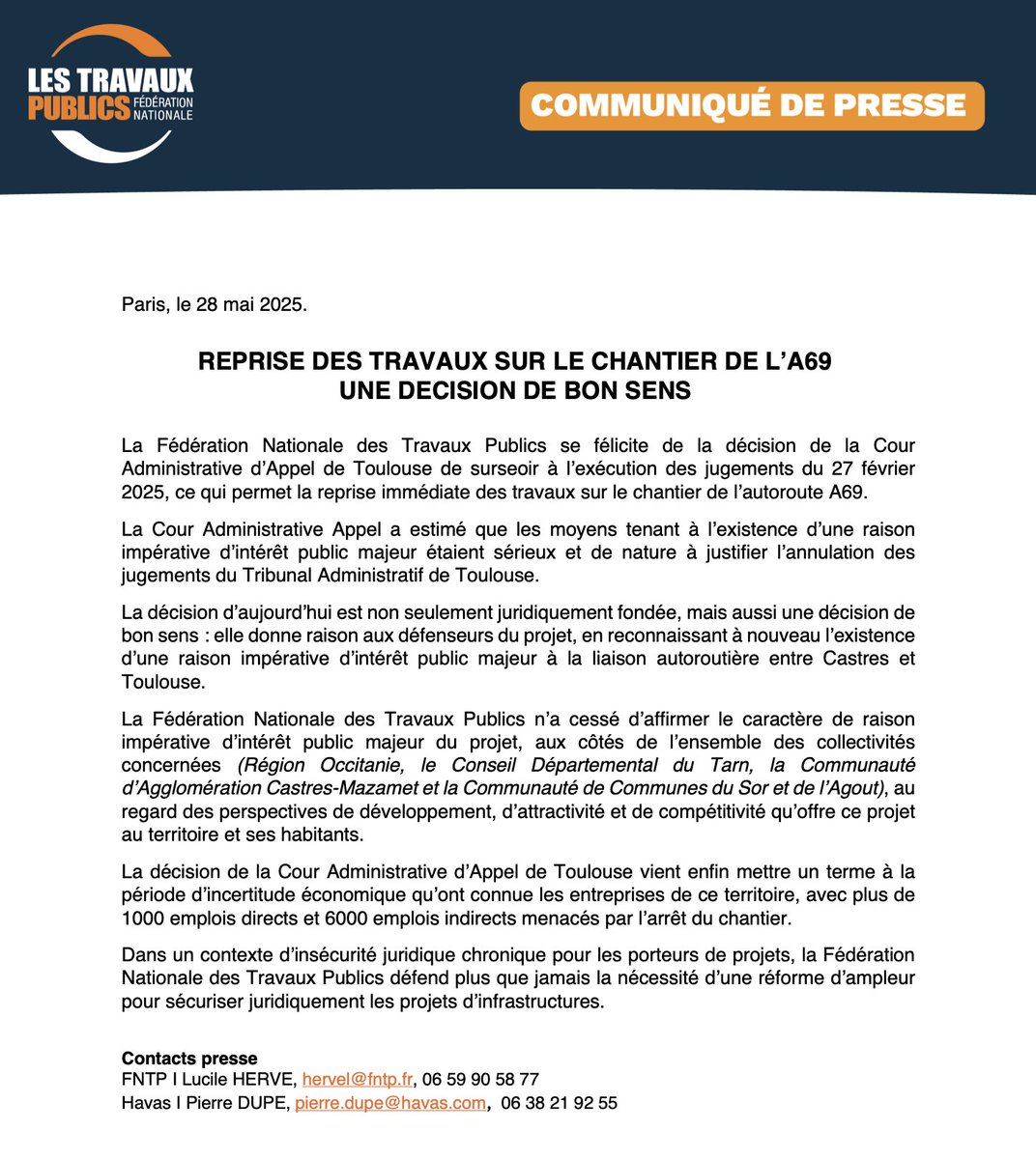 🔨 Reprise des travaux sur l’#A69 : une décision de bon sens !

La FNTP se félicite de la décision de la Cour Administrative d’Appel de Toulouse autorisant la reprise immédiate du chantier de l’A69 entre #Castres et #Toulouse. Cette décision réaffirme l’intérêt public majeur du