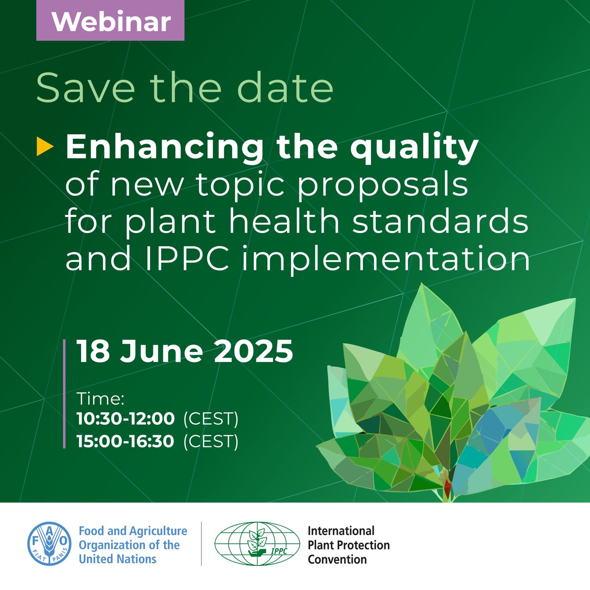 📢 Register now!

Join the IPPC webinar on submitting quality proposals for plant health standards and implementation.

Learn how to propose new ISPMs, diagnostic protocols &amp;  implementation tools like guides, training kits, and e-learning!

🔗 bit.ly/45rgJog