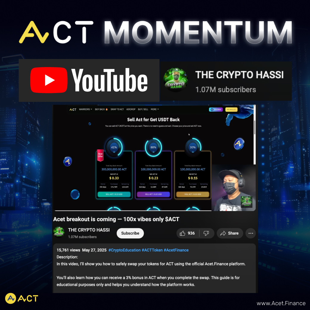 ACTDeFansFi's tweet photo. THE CRYPTO HASSI, the most famous crypto influencer with 1 million YouTube subscribers, highlights how to securely swap tokens for $ACT on the official ACET platform — and how to receive a 3% $ACT bonus upon completion.

This educational guide also demonstrates the platform’s functionality. ✨💖🙌

📍Watch the full video: https://t.co/2twRXyHzIS

Check the latest $ACT price at: https://t.co/xWpTCDf3o5

$ACT #ACT #ACET #iLoveACET #inACETweTrust #iHoldACT #iHoldACET #ACTWarriors #ACTisThePeople #ACTRWA #iDeologyCoin #THECRYPTOHASSI