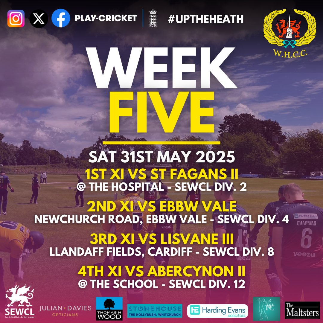 Whitchurch Heath CC π (@wh_cc) on Twitter photo A look ahead to this Saturdayβs senior league fixtures, with the 1st XI back on home turf! π
1st XI vs <a href="/StFagansCricket/">St Fagans Cricket Club π¦π</a> II (H)
2nd XI vs <a href="/EbbwValeCC/">Ebbw Vale CC</a> (A)
3rd XI vs <a href="/lisvanecc/">Lisvane Cricket Club</a> III (A)
4th XI vs <a href="/AbercynonC/">Abercynon Cricket Club</a> II (H)
#UpTheHeath A look ahead to this Saturdayβs senior league fixtures, with the 1st XI back on home turf! π
1st XI vs <a href="/StFagansCricket/">St Fagans Cricket Club π¦π</a> II (H)
2nd XI vs <a href="/EbbwValeCC/">Ebbw Vale CC</a> (A)
3rd XI vs <a href="/lisvanecc/">Lisvane Cricket Club</a> III (A)
4th XI vs <a href="/AbercynonC/">Abercynon Cricket Club</a> II (H)
#UpTheHeath