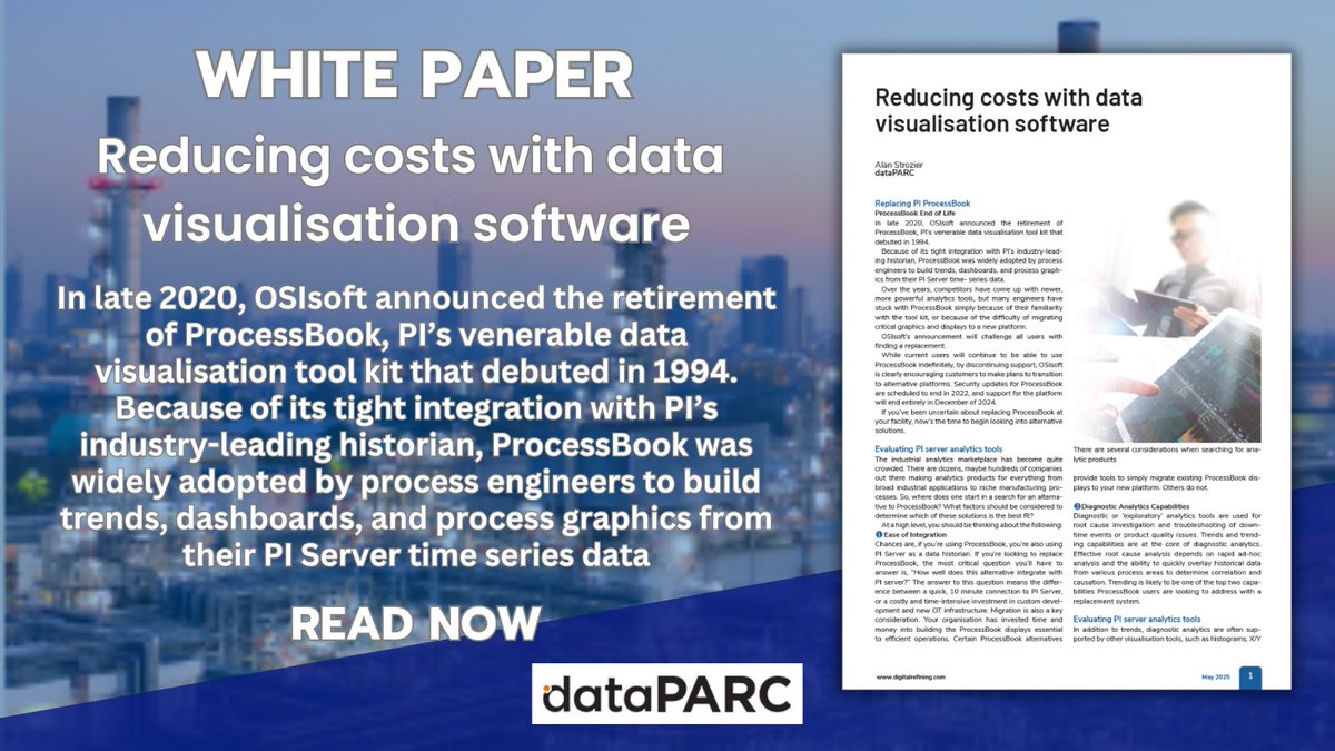 DigitalRefining's tweet image. 📝 WHITE PAPER: Reducing costs with data visualisation software, @dataPARCsolutio
💻 READ THE WHITE PAPER HERE: digitalrefining.com/article/100328…
#whitepaper #data #processmodelling #instrumentation #design #engineering #construction #automation