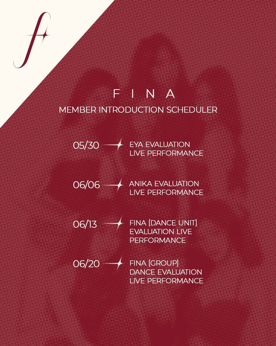 [FINA Scheduler]

Are you ready to see more of FINA and the live performances that earned them their place? Get ready as they’re about to showcase their trainee evaluation performances! 🌹

Member Introduction
May 30 - June 20, 2025
6PM PHT

#FINA #PPOP #PPOPRise