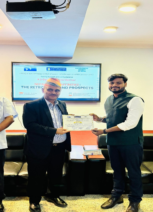 Mr. Ankit Gupta, PhD Scholar in the Department of Sociology, Faculty of Social Sciences, presented his research at the Twenty-Seventh Annual Conference and International Seminar titled ‘Nepal-India Affinities: The Retrospect and Prospects 2025' at Kathmandu University, Nepal.