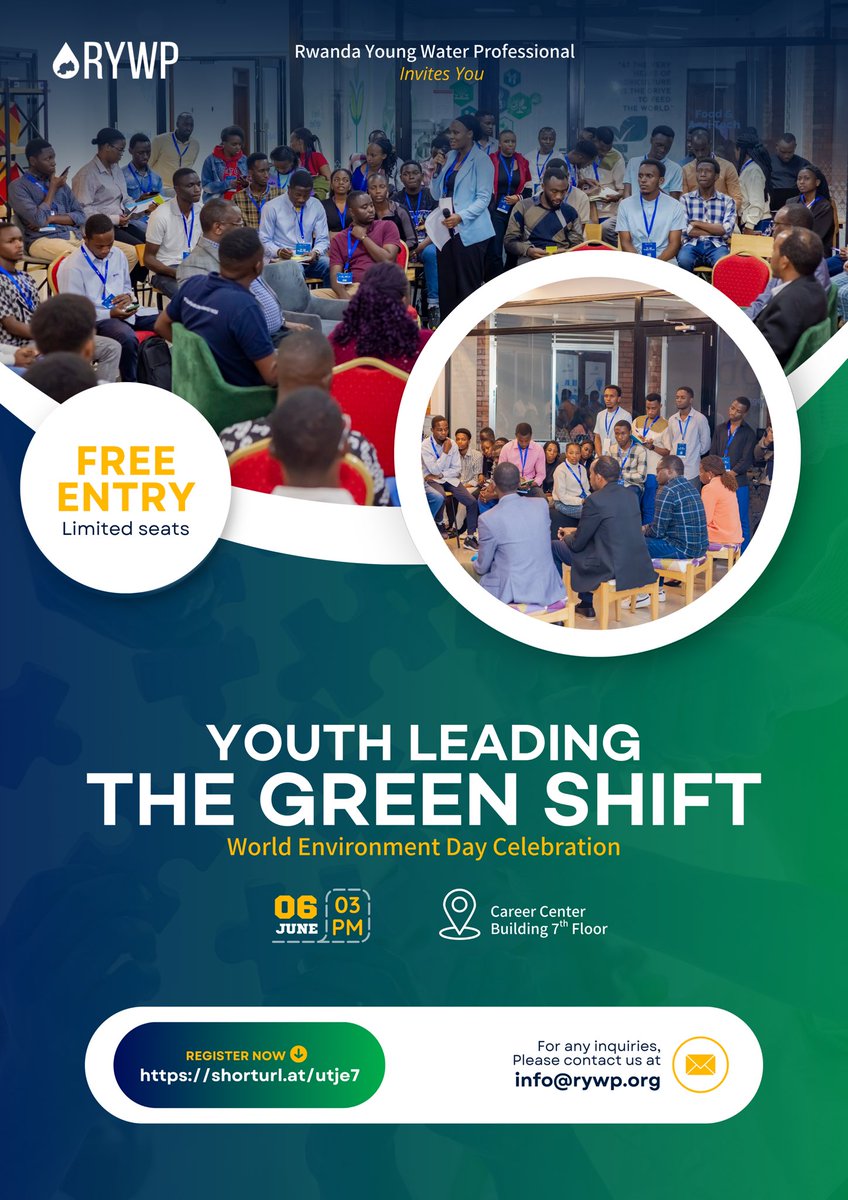 In honor of #WorldEnvironmentDay, <a href="/ywprwanda/">Rwanda Young Water Professional</a> is organizing a Knowledge-Sharing Session for youth innovators, professionals &amp; policymakers to exchange ideas, share solutions &amp; promote a green, resilient future.

📅 6 June 2025 |🕒 3 PM
Reserve your seat 👉 shorturl.at/utje7