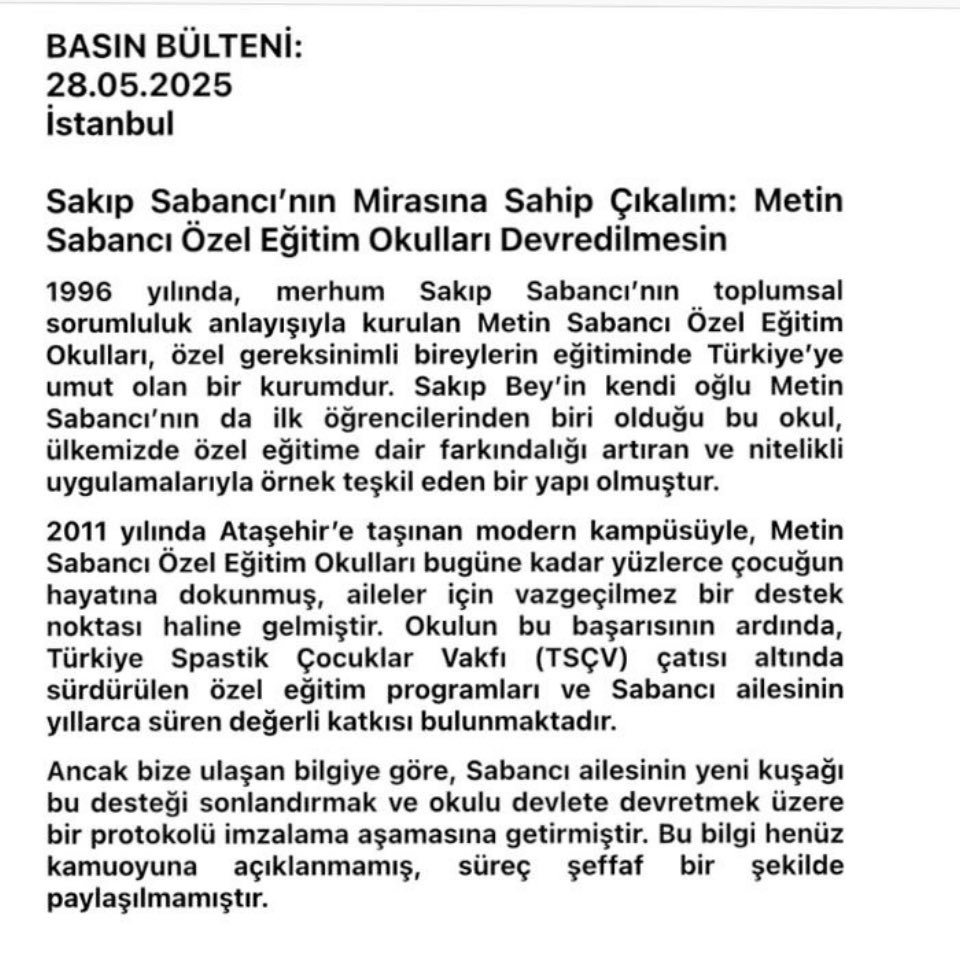 TunaBiltekin's tweet photo. #metinsabanciokullari #özeleğitim #metinsabanciozelegitimokulu #engelsizegitim

Metin Sabancı Vakfı Özel gereksinimli çocuklarımızın eğitim gördüğü tek özel okul olan Metin Sabancı Özel Eğitim Okullarını devir/kapatıyor. Açıkta kalmak istemiyoruz, Okulumuz kapanmasın! Paylaşalım https://t.co/9M7vLNK03R