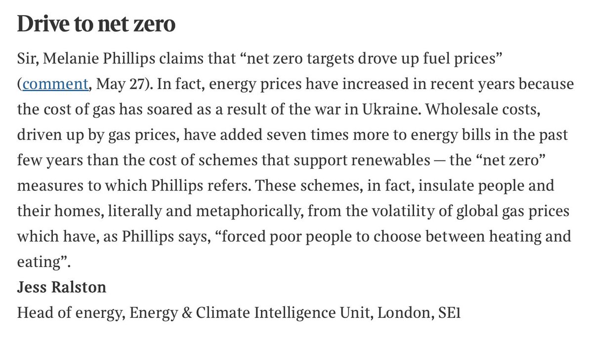 Jess Ralston (@jessralston2) on Twitter photo Melanie Phillips had a misleading column in <a href="/thetimes/">The Times and The Sunday Times</a> yesterday
Claiming "net zero targets" have driven up energy prices, when actually it's the cost of gas
Here's a letter in this morning's paper challenging it. Melanie Phillips had a misleading column in <a href="/thetimes/">The Times and The Sunday Times</a> yesterday
Claiming "net zero targets" have driven up energy prices, when actually it's the cost of gas
Here's a letter in this morning's paper challenging it.