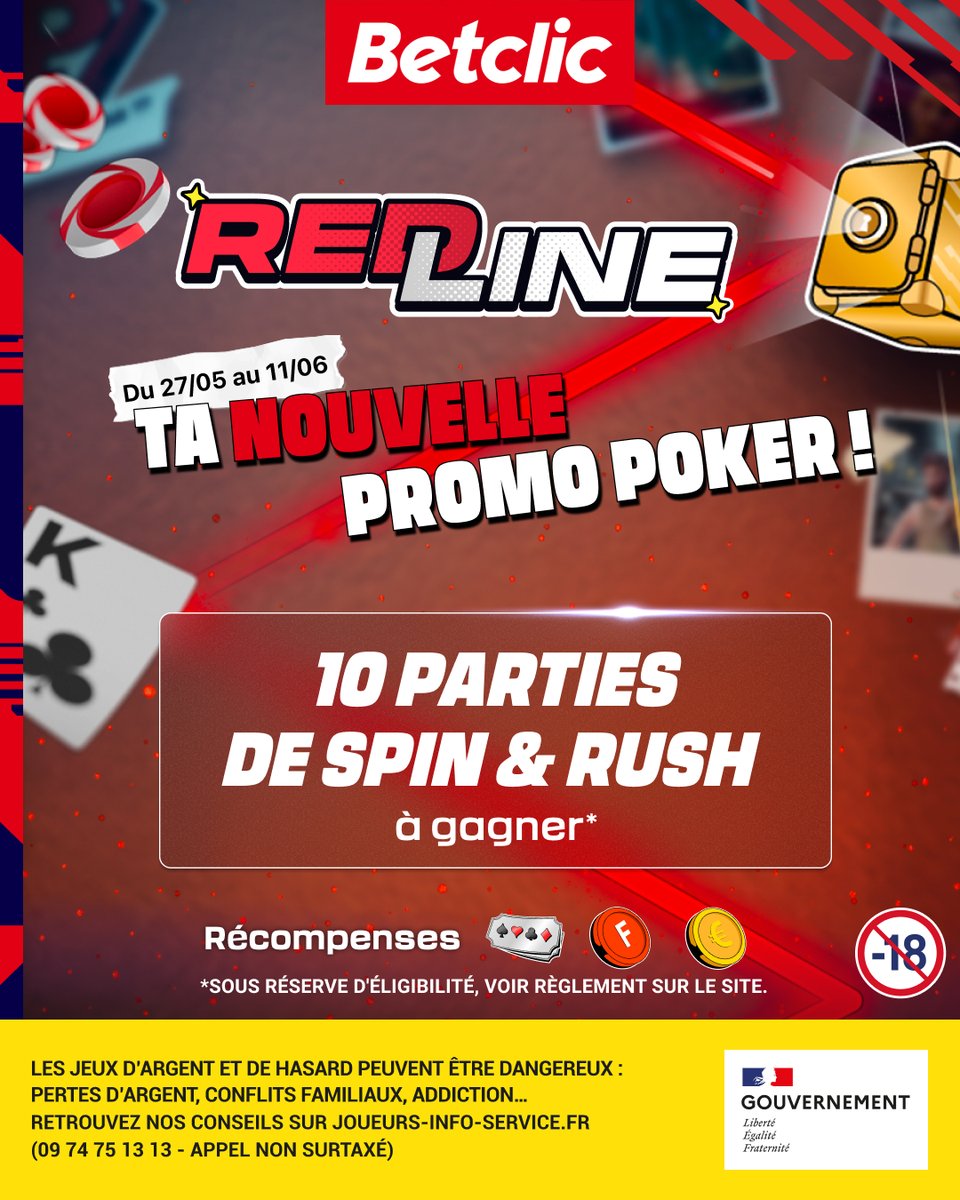 Betclic's tweet image. 🃏 Envie de venir t'amuser sur la RedLine ? 🚨

On offre 10 parties de Spin &amp;amp; Rush à gagner pour lancer ton aventure sur la nouvelle promo Poker de ton app' Betclic ! 🎁

🔁 RT + Ton pseudo et #BetclicPoker pour participer
