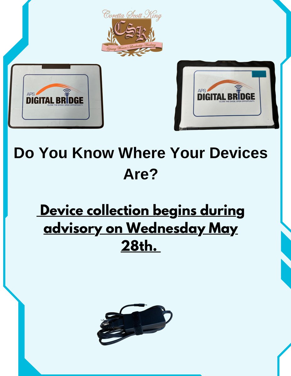 📢 Attention CSK Scholars!
Device collection starts TODAY and runs through Thursday! 💻🎒

✅ Return your school device
✅ Include loaners, chargers, &amp; hotspots
🚫 Avoid fines – check around the house!

Be responsible. Be ready. 💪
#CSKReady #TechTurnIn #NoFines