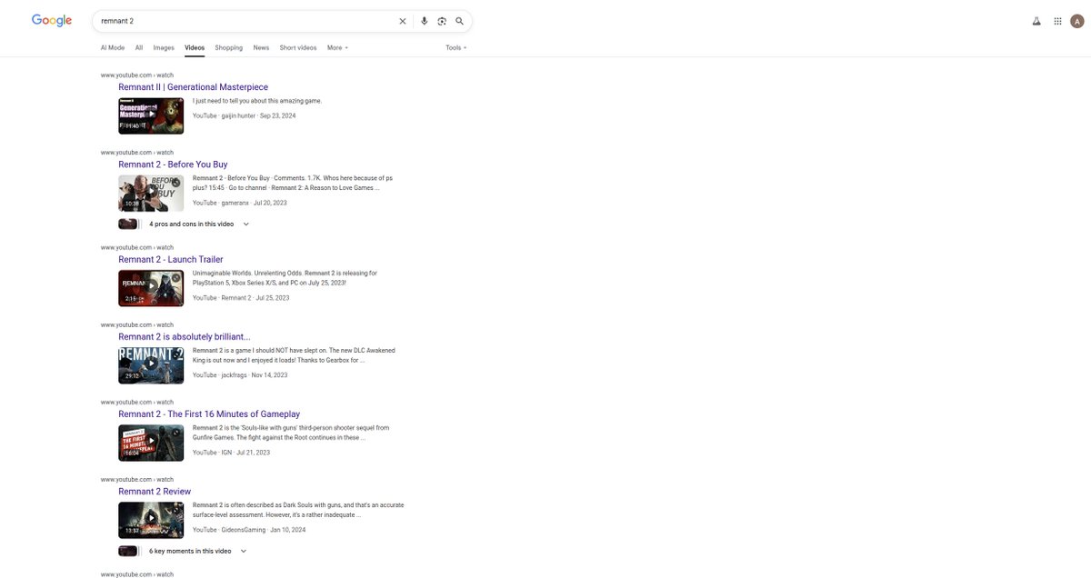 AndellDam's tweet image. On the "Videos" tab of the Google SERP, you can see the gray breadcrumbs offset from the title, thumbnail, and description.

Whereas before, everything was aligned.

See the before and after image.

#google #serp