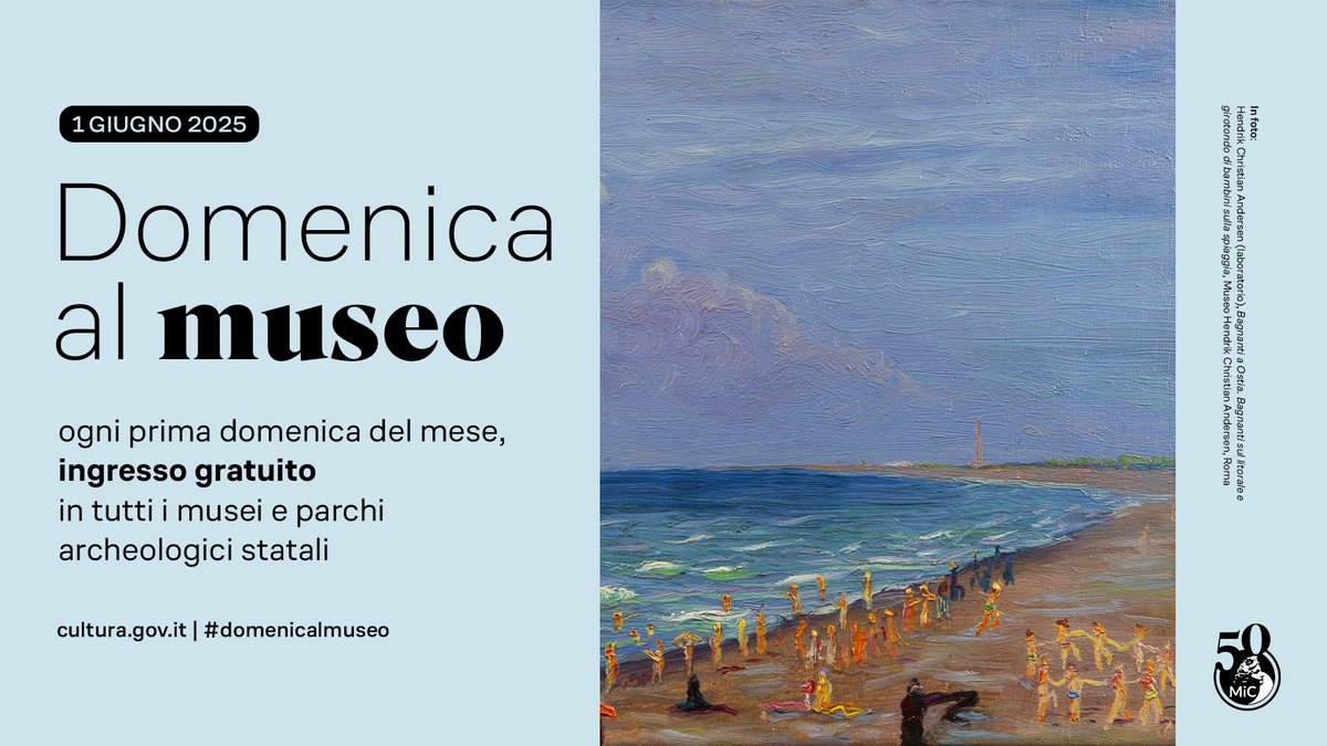 ⚡ Il 𝟏° 𝐠𝐢𝐮𝐠𝐧𝐨 è #𝒅𝒐𝒎𝒆𝒏𝒊𝒄𝒂𝒍𝒎𝒖𝒔𝒆𝒐, l'iniziativa che permette di visitare gratuitamente musei, monumenti e parchi archeologici del <a href="/MiC_Italia/">Ministero della Cultura</a> . 
Info su cultura.gov.it o su app Musei Italiani