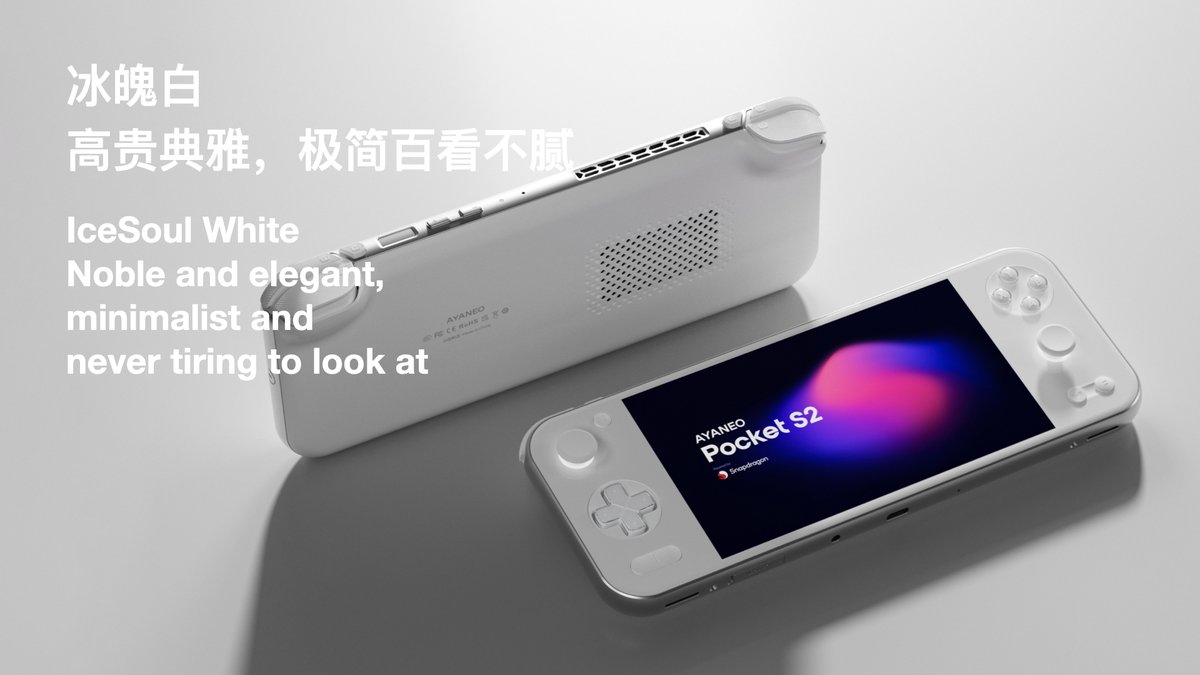 AYANEO__'s tweet photo. #Ayaneo Pocket S2
💫Pinnacle of Aesthetics for Android Handhelds💫
-Signature Borderless Mirror Screen
-CNC Aluminum Alloy Curved Midframe
Obsidian Black/ IceSoul White

Discord：https://t.co/YAqOSa9ut3
https://t.co/sBx0hgw6cY

#AYANEO #PocketS2 #SnapdragonG3Gen3 #AndroidHandheld https://t.co/qcvmeDE9VM