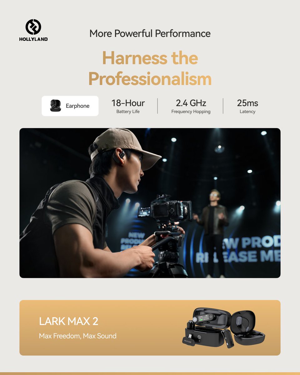 🎧 Gamechanger is here!
✨ Max Freedom. Max Sound. 
🔹 Real-time wireless monitoring 
🔹 Hot shoe or not—Smooth setup 
🔹 All-day comfort with hover-clip 
🔹 Pro-grade performance: 18h battery, 25ms latency, 2.4GHz hopping
👉 LINK HERE:hollyland.info/4mywbVO
#LARKMAX2