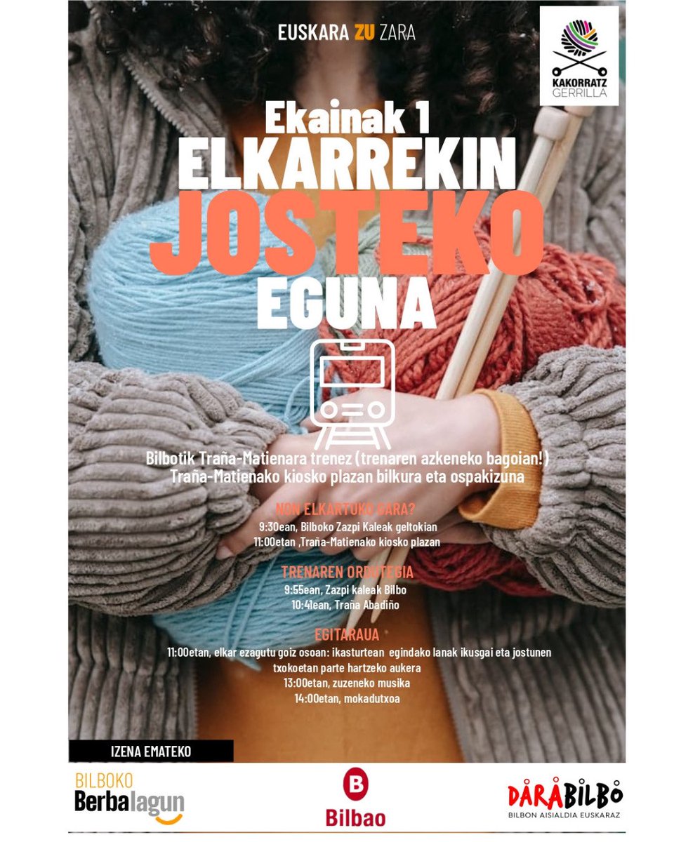 Domekan, Matienara goaz trenez kakorratza-lana egitera eta parrandan. Bazatoz? Eman izena: darabilbo. eus #Praktikatuetabizi #BilbokoBerbalguna #KakorrtazGerrilla #euskaraZUzara #bilbo