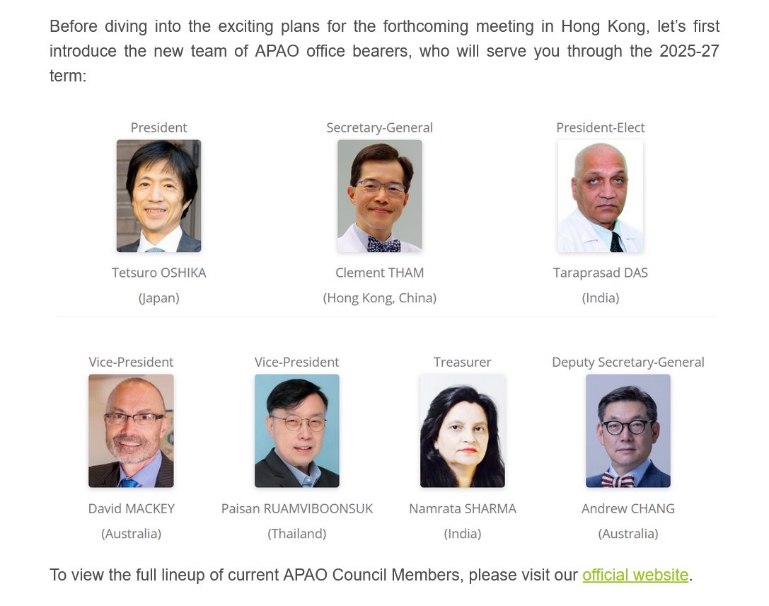 【APAO 2026 Congress Newsletter – 1st Issue】

Meet the new APAO Office Bearers (2025–27) and read a welcome from Congress President Prof. Jason Yam.

Get updates on registration, abstract submission, and sponsorship for APAO 2026 in Hong Kong!

🔗bitly.cx/Q3PiX
