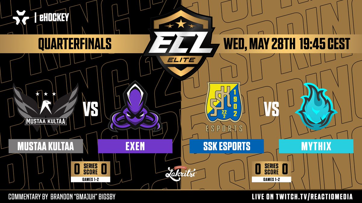 SportsGamer (@sportsgamergg) on Twitter photo 🔥 The #ECL25Spring Elite Quarterfinals continue TONIGHT! 🔥
📺 Watch LIVE on twitch.tv/ReactioMedia
⏰ 19:45 CEST | Wed, May 28th
🦅 <a href="/MustaaKultaaNHL/">Mustaa Kultaa</a> vs <a href="/tohtoritesports/">Tohtorit 🧙🏽♂️</a> 🐙
💛 <a href="/SSKEsports/">SSK Esports</a> vs <a href="/MythixNHL/">Mythix</a> 🔥
🎙️ Commentary <a href="/bMaJuH/">MaJuH 🎥</a>
#eHockey | #NHL25 | #KouvolanLakritsi 🔥 The #ECL25Spring Elite Quarterfinals continue TONIGHT! 🔥
📺 Watch LIVE on twitch.tv/ReactioMedia
⏰ 19:45 CEST | Wed, May 28th
🦅 <a href="/MustaaKultaaNHL/">Mustaa Kultaa</a> vs <a href="/tohtoritesports/">Tohtorit 🧙🏽♂️</a> 🐙
💛 <a href="/SSKEsports/">SSK Esports</a> vs <a href="/MythixNHL/">Mythix</a> 🔥
🎙️ Commentary <a href="/bMaJuH/">MaJuH 🎥</a>
#eHockey | #NHL25 | #KouvolanLakritsi
