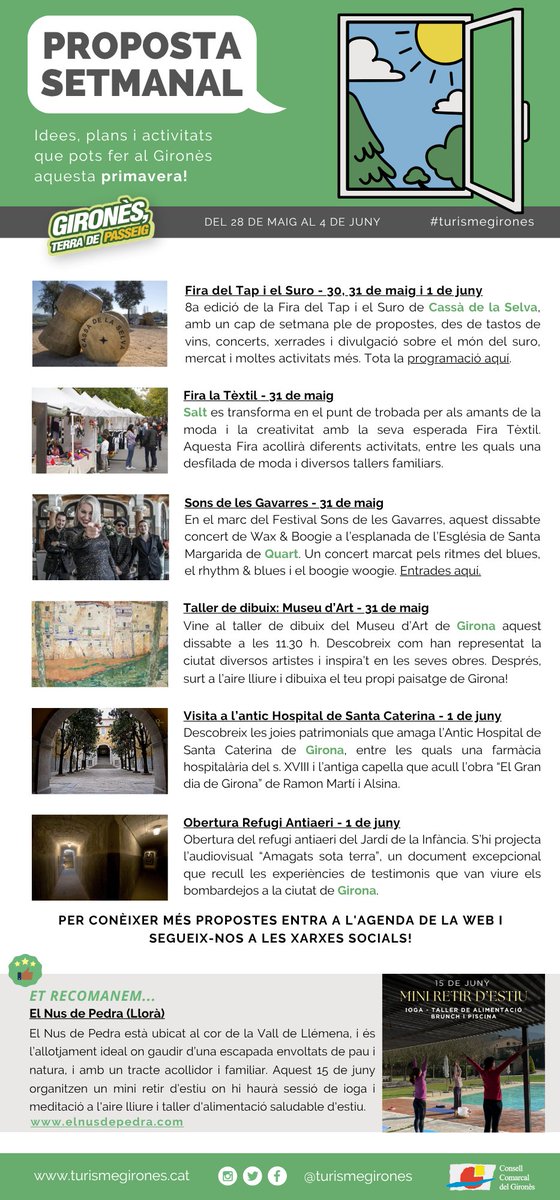 Turisme Gironès (@turismegirones) on Twitter photo 🌞 Ara que torna la calor, és temps de fer d'explorador!
🗓️ Consulta la nostra #PropostaSetmanal del 28 de maig al 4 de juny al #Gironès! 👇🏽
➡️ turismegirones.cat/wp-content/upl…
📬 Entra al web i SUBSCRIU-TE per rebre-la cada setmana abans que ningú!
#turismegirones 🌞 Ara que torna la calor, és temps de fer d'explorador!
🗓️ Consulta la nostra #PropostaSetmanal del 28 de maig al 4 de juny al #Gironès! 👇🏽
➡️ turismegirones.cat/wp-content/upl…
📬 Entra al web i SUBSCRIU-TE per rebre-la cada setmana abans que ningú!
#turismegirones
