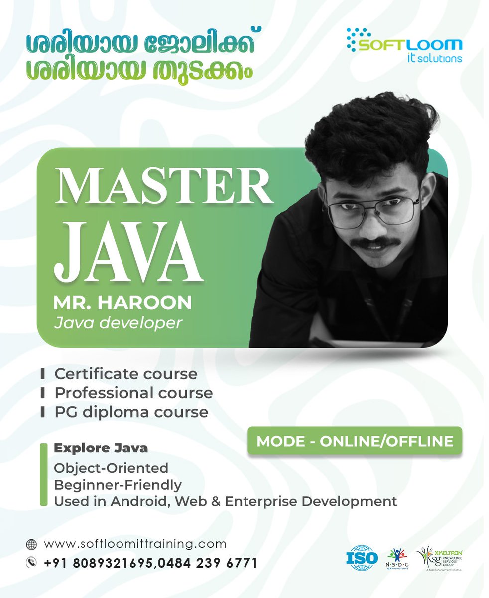 SoftloomIT's tweet image. Master Java from the basics to the advanced. Choose from certificate, professional, or PG diploma courses.
Start your coding journey today!
#learnjava #javaprograming #coding #ittraining #softloomitsolutions #diplomacourses #professionalcourses #certificatecourses