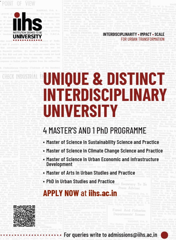 Admissions now open to IIHS University’s four Master’s programmes across Sustainability Science and Practice; Climate Change Science and Practice; Urban Economic and Infrastructure Development; and Urban Studies and Practice. Apply here: bit.ly/3FoB82C