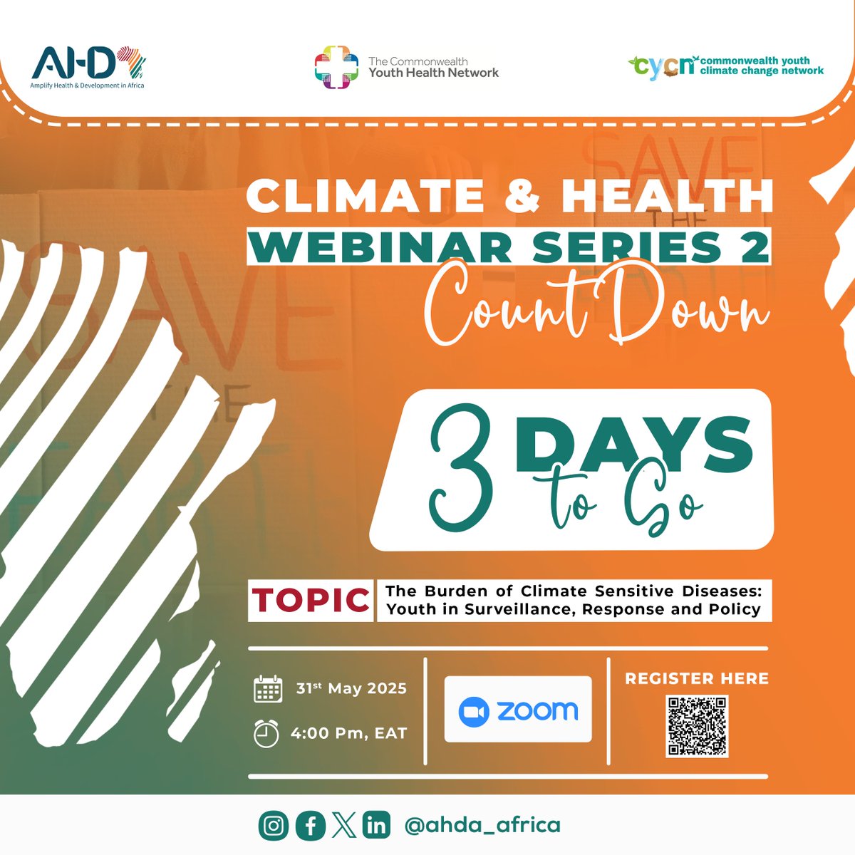 ahda_africa's tweet photo. CLIMATE AND HEALTH WEBINAR SERIES 2 is around the corner, Let's start the COUNTDOWN! 

Only 3 Days to Go
📅: 31st May 2025
⏲️: 4:00Pm
🔗: https://t.co/qOH280zA0I
Aren’t you excited Already, register and join us in next Three days!

#ahda #climateandhealth #Health #ClimateAction https://t.co/TrDSKzfoqX