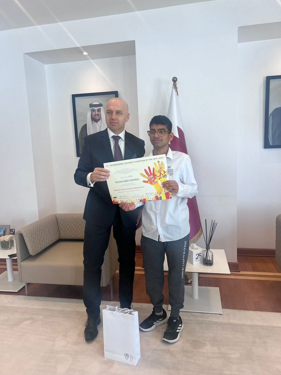CzechDoha's tweet photo. Ambassador Petr Chalupecky presented an honorary certificate to one of the students at #Shafallah Center for Persons with Disabilities for his outstanding achievement at 52nd Children's Arts Exhibition held by @LidiceMemorial. Great job, Khalid! @CzechMFA_MENA @mzvcr https://t.co/nITCoDsfcL