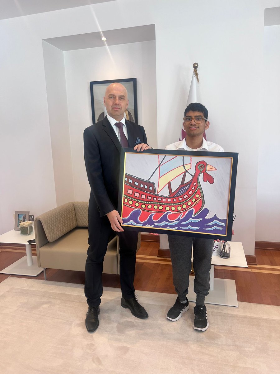CzechDoha's tweet photo. Ambassador Petr Chalupecky presented an honorary certificate to one of the students at #Shafallah Center for Persons with Disabilities for his outstanding achievement at 52nd Children's Arts Exhibition held by @LidiceMemorial. Great job, Khalid! @CzechMFA_MENA @mzvcr https://t.co/nITCoDsfcL