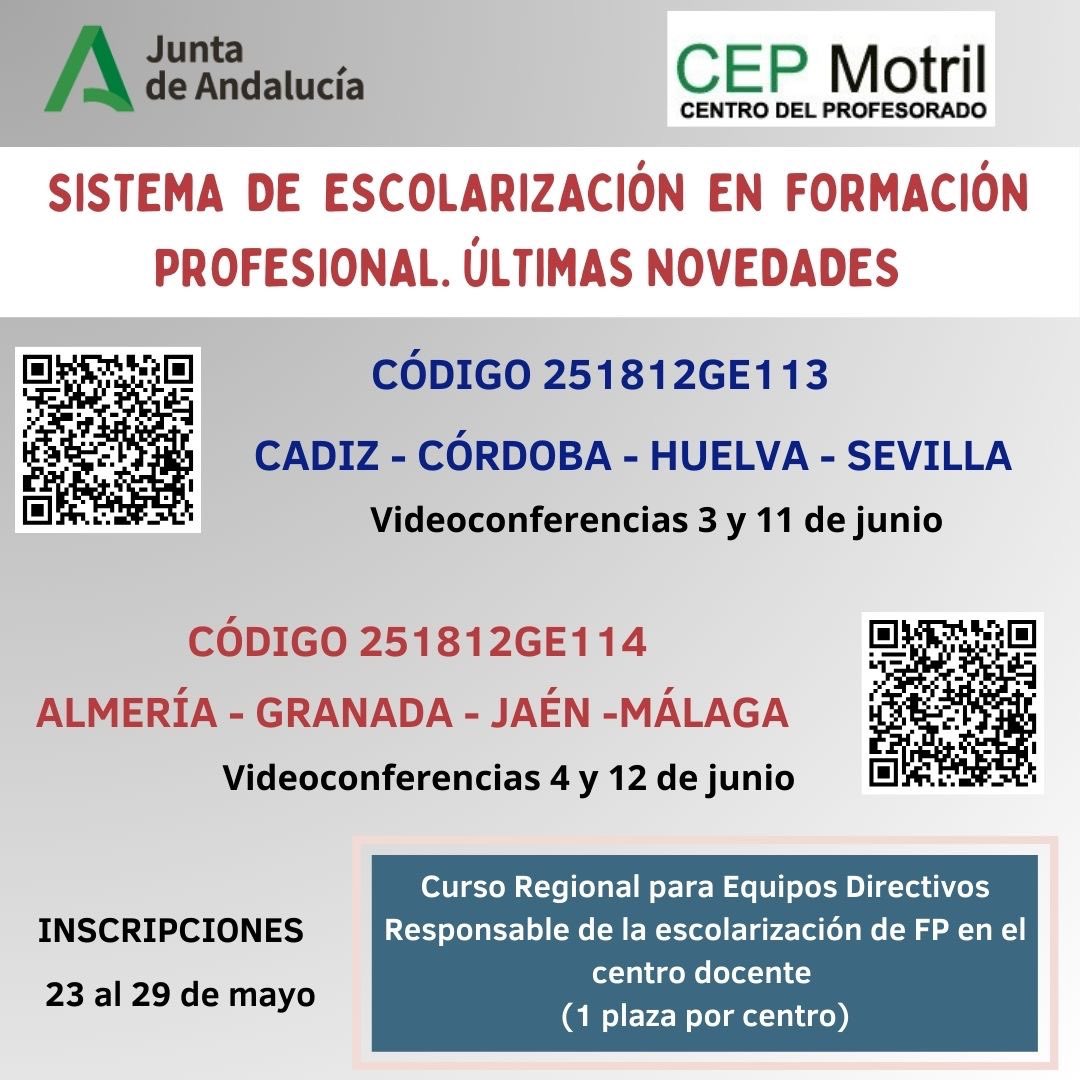 📣SISTEMA DE ESCOLARIZACIÓN EN FORMACIÓN PROFESIONAL. ÚLTIMAS NOVEDADES. 
➡️Dirigida a Equipos Directivos.
✏️Inscripciones hasta el 29 de mayo.
📅Videoconferencias 4 y 12 de junio.
🔗Más información e inscripción:
juntadeandalucia.es/educacion/secr… #escolarización #fp
